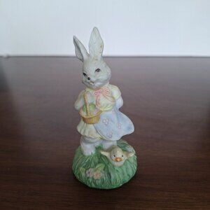VINTAGE PORCELAIN BUNNY WITH BASKET AND BABY CHICK EASTER SPRING DECOR FIGURINE